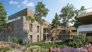 Résidence Levana Garden entourée de verdure avec façades en pierre naturelle